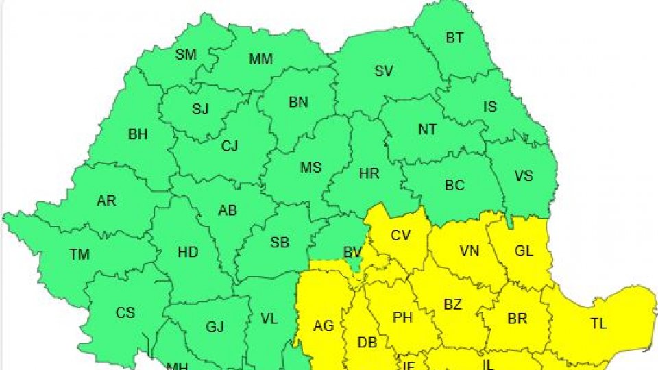 Cod galben de instabilitate atmosferică temporar accentuată, în Muntenia, Dobrogea, sudul Moldovei şi sud-estul Transilvaniei