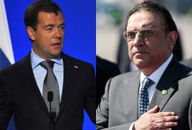 Preşedinţii Rusiei şi Pakistanului, Dmitri Medvedev(stg) şi Asif Ali Zardari(dr).