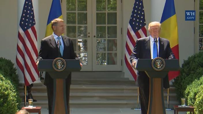 Declarații comune ale președintelui Rom&acirc;niei Klaus Iohannis și președintelui SUA Donald Trump la Casa Albă, 9 iunie 2017.