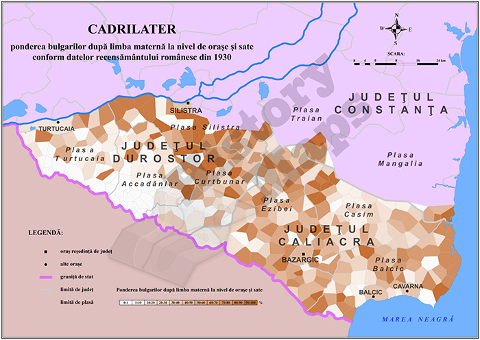  Cadrilater sau Dobrogea de Sud. 1930. Harta demografică. Credit: https://cersipamantromanesc.wordpress.com/2010/07/22/cum-fost-cedat-cadrilaterul/