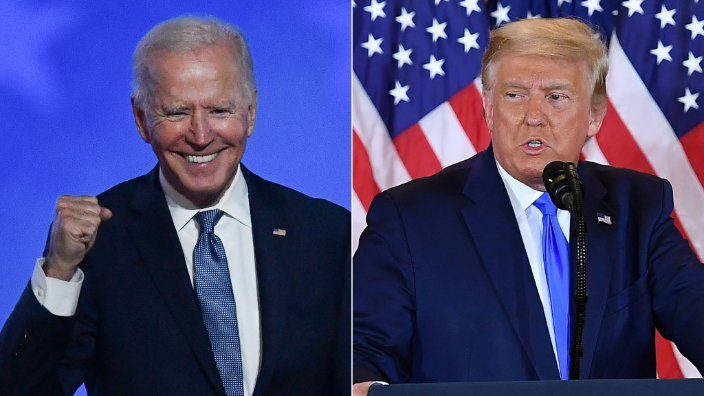 (COMBO) This combination of pictures created on November 4, 2020 shows Democratic presidential nominee Joe Biden gestures after speaking during election night at the Chase Center in Wilmington, Delaware, and US President Donald Trump speaks during election night in the East Room of the White House in Washington, DC, early on November 4, 2020.  President Donald Trump and Democratic challenger Joe Biden are battling it out for the White House, with polls closed across the United States Tuesday -- and a long night of waiting for results in key battlegrounds on the cards.  MANDEL NGAN, ANGELA WEISS / AFP