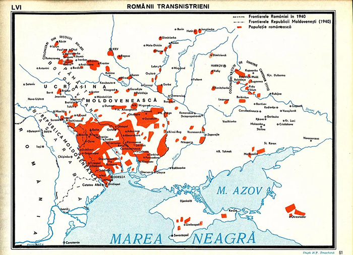  Rom&acirc;nii din Transnistria după Nechita Smochină. Hartă din anul 1940. Credit: voci.ro