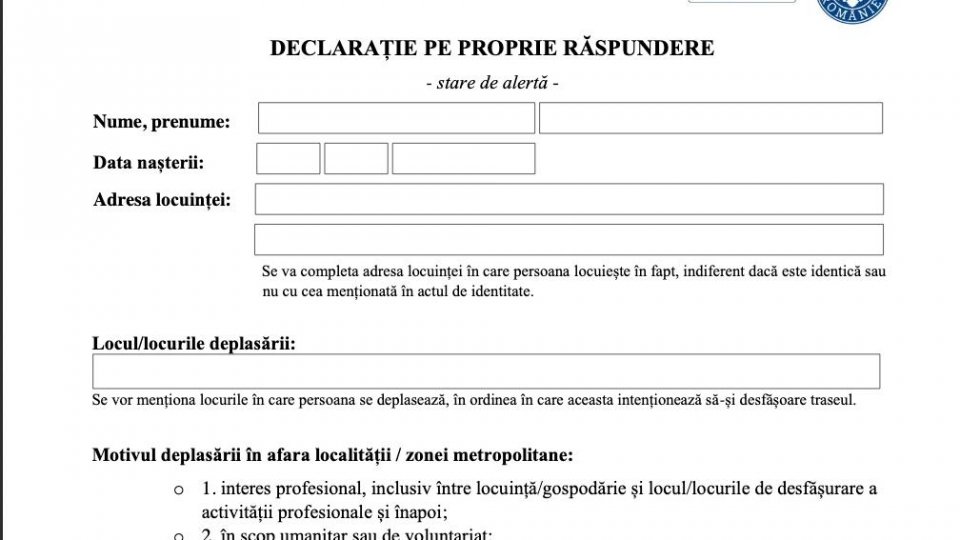 Declarație pe proprie răspundere ptr. ieșirea din localitate #staredealertă