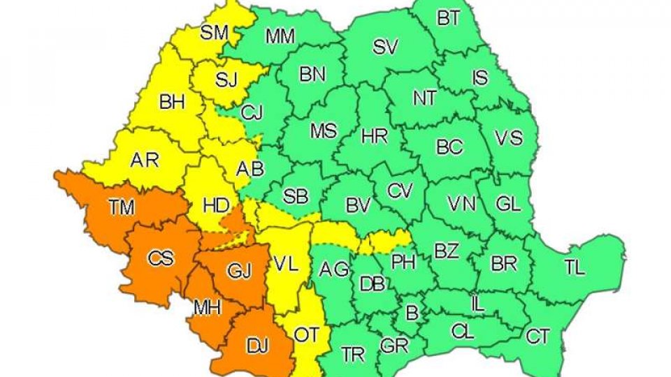 Cod portocaliu de instabilitate atmosferică accentuată în 6 judeţe din sud-vestul ţării şi Cod galben de ploi pentru 13 judeţe din nord-vest, sud şi centru