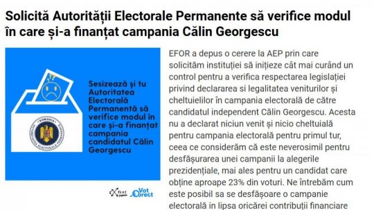 Organizaţia Expert Forum solicită AEP o anchetă privind posibila finanțare nedeclarată a lui Călin Georgescu