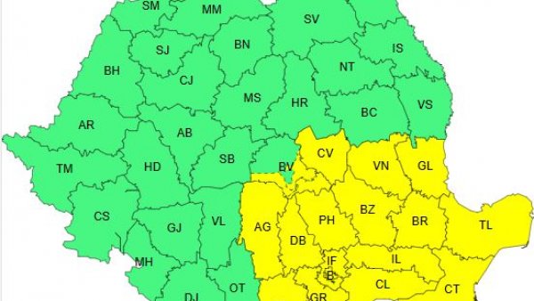 Cod galben de instabilitate atmosferică temporar accentuată, în Muntenia, Dobrogea, sudul Moldovei şi sud-estul Transilvaniei