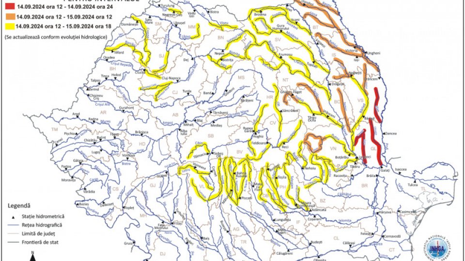 Cod galben şi Cod portocaliu de viituri în 12 bazine hidrografice