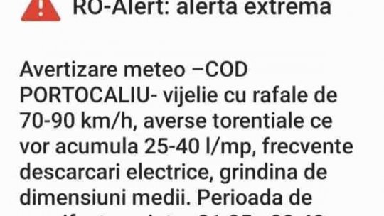 ISUBIF: cod portocaliu de vijelie, averse torenţiale şi grindină între 21:25 - 22:40