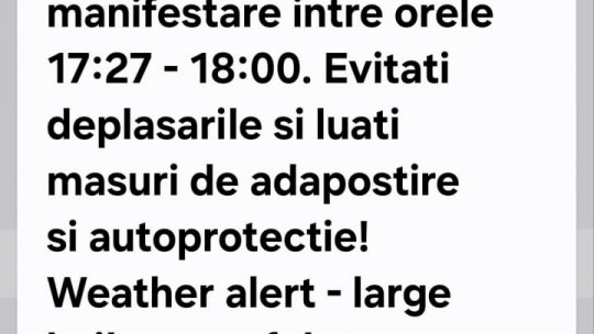 UPDATE Ro-Alert: COD ROȘU de grindină, vijelie, averse torentiale și descărcări electrice