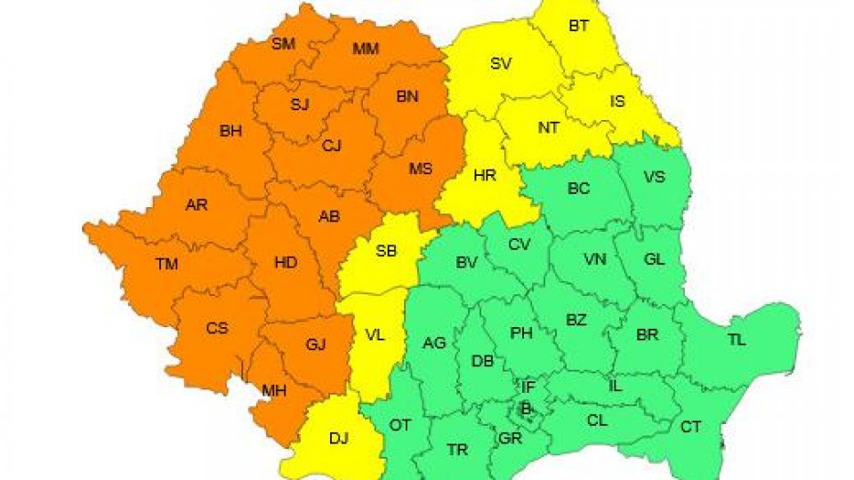 Avertizări meteo severe pentru vestul și nordul țării