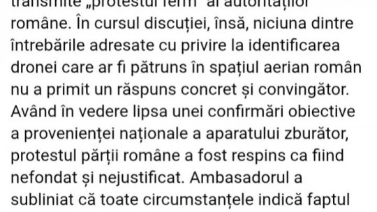 Ambasadorul Rusiei la București respinge protestul exprimat de România în legătură cu "o presupusă încălcare a spațiului aerian"