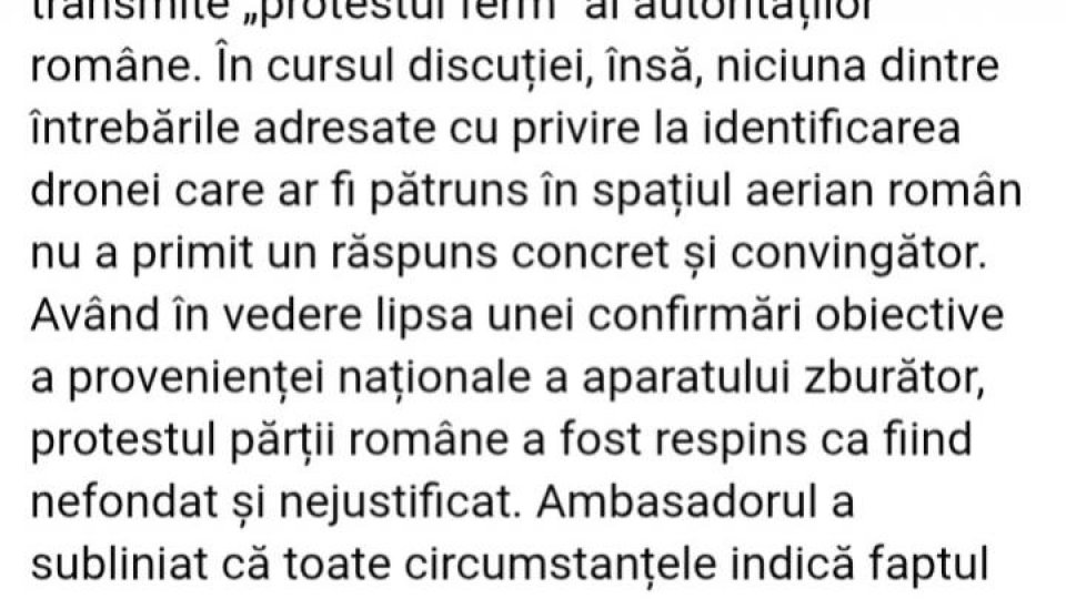 Ambasadorul Rusiei la București respinge protestul exprimat de România în legătură cu "o presupusă încălcare a spațiului aerian"