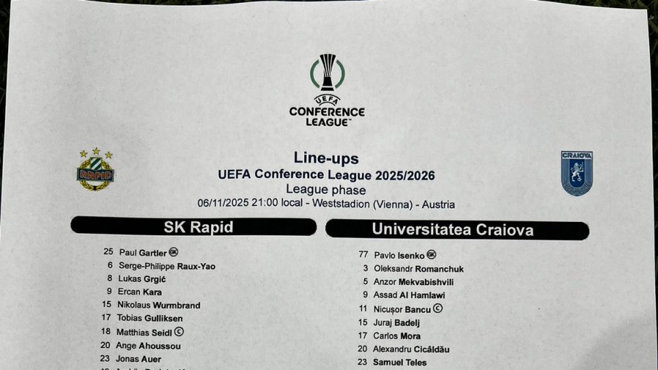 Conference League: LIVE TEXT Rapid Viena - Universitatea Craiova