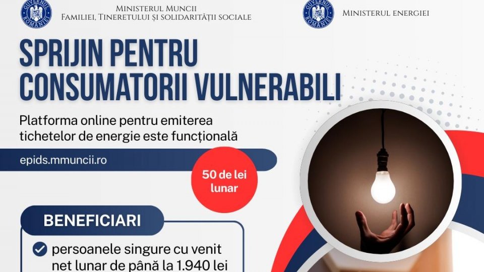 Sprijin pentru consumatorii vulnerabili: Tichetele de energie pot fi cerute online