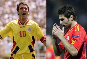 Purtătorii tricoului cu numărul 10 al naţionalei Rom&acirc;niei, Gheorghe Hagi (st) şi Adrian Mutu.