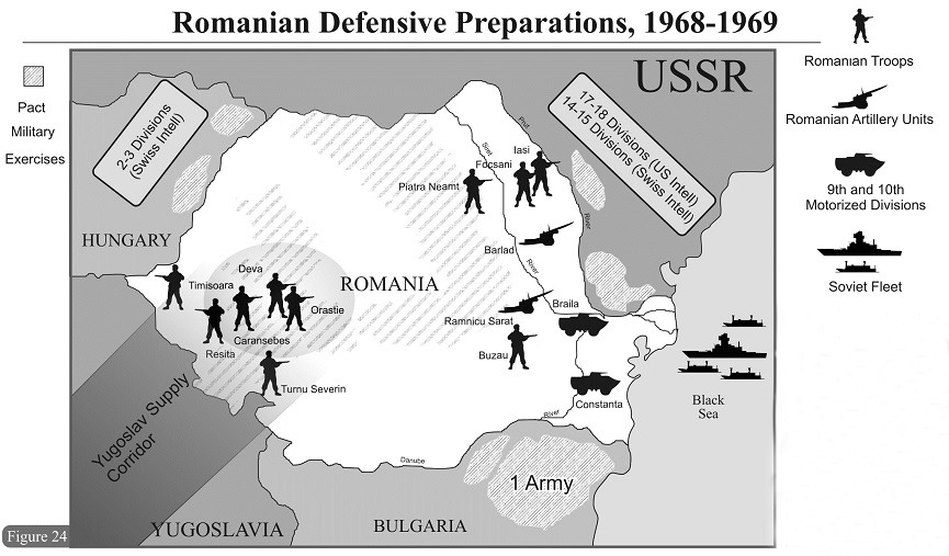  Harta Romania &icirc;n fața atacului URSS - Ungariei și Bulgariei &icirc;n 1968. Credit: http://www.ziaristionline.ro via Larry Watts &quot;Fereşte-mă, Doamne de prieteni&quot;