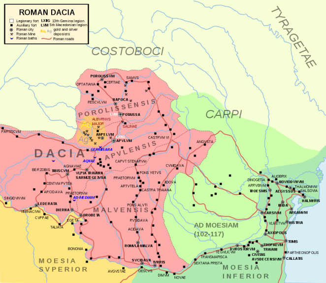  Harta Daciei după retragerea aureliană. Credit: https://cersipamantromanesc.wordpress.com/2015/10/09/dupa-retragerea-stapanirii-romane-din-dacia-traiana/