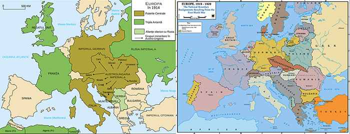  Configuraţia politică a Europei &icirc;n anul 1914 şi după sf&acirc;rşitul Marelui Război. Credit: evz.ro