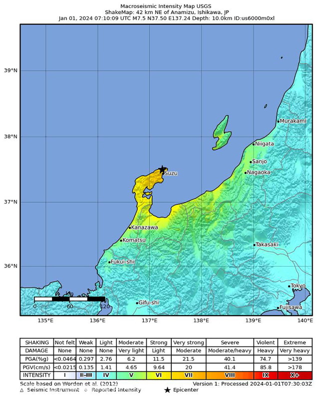 Zonele care au fost afectate de cutremurul din Japonia din 1 ianuarie 2024.