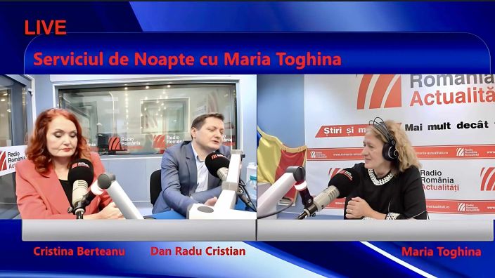 Doctor în medicină Cristina Berteanu, medic primar ATI (stânga) și dr. Dan Radu Cristian, medic primar obstretică-ginecologie, în studioul emisiunii Serviciul de noapte cu Maria Țoghină.