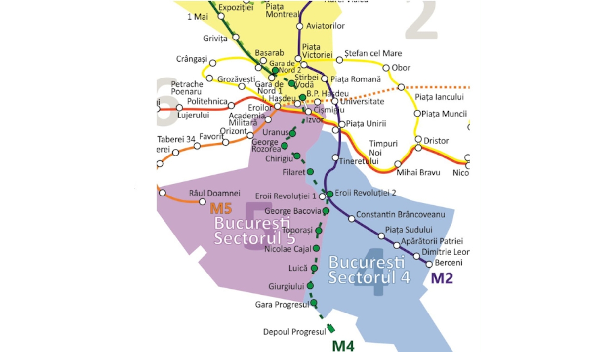 Magistrala 4 face legătura între stațiile Străulești (nordul Bucureștiului) și Gara Progresul (sudul Bucureștiului).