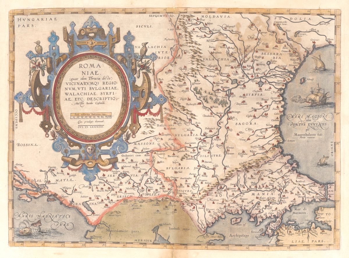 Harta 1. Romaniae (quae olim Thracia dicta) Vicinarumque Regionum, uti Bulgariae, Walachiae, Syrfiae, Etc.; (Romania); Autor: Castaldo, Jacobo / Ortelius, Abraham.